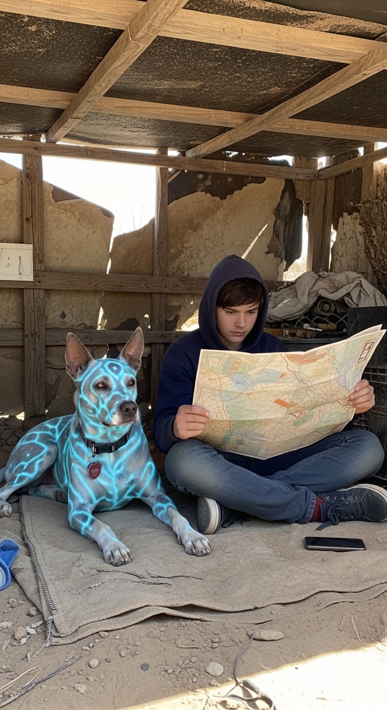 A boy and his dog looking at a map.