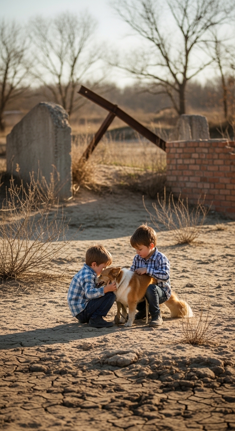 Two boys petting a dog.