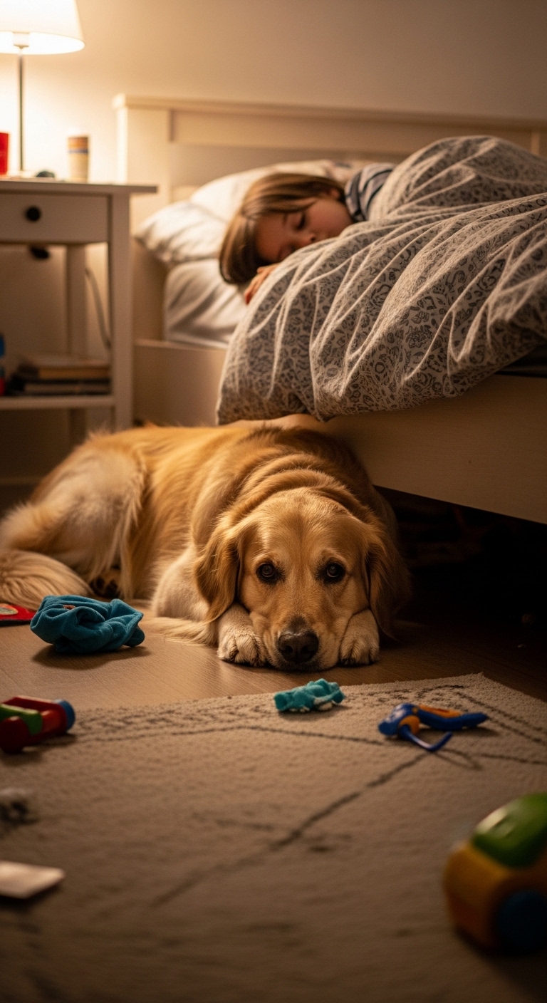 A dog laying on the floor next to a bed.