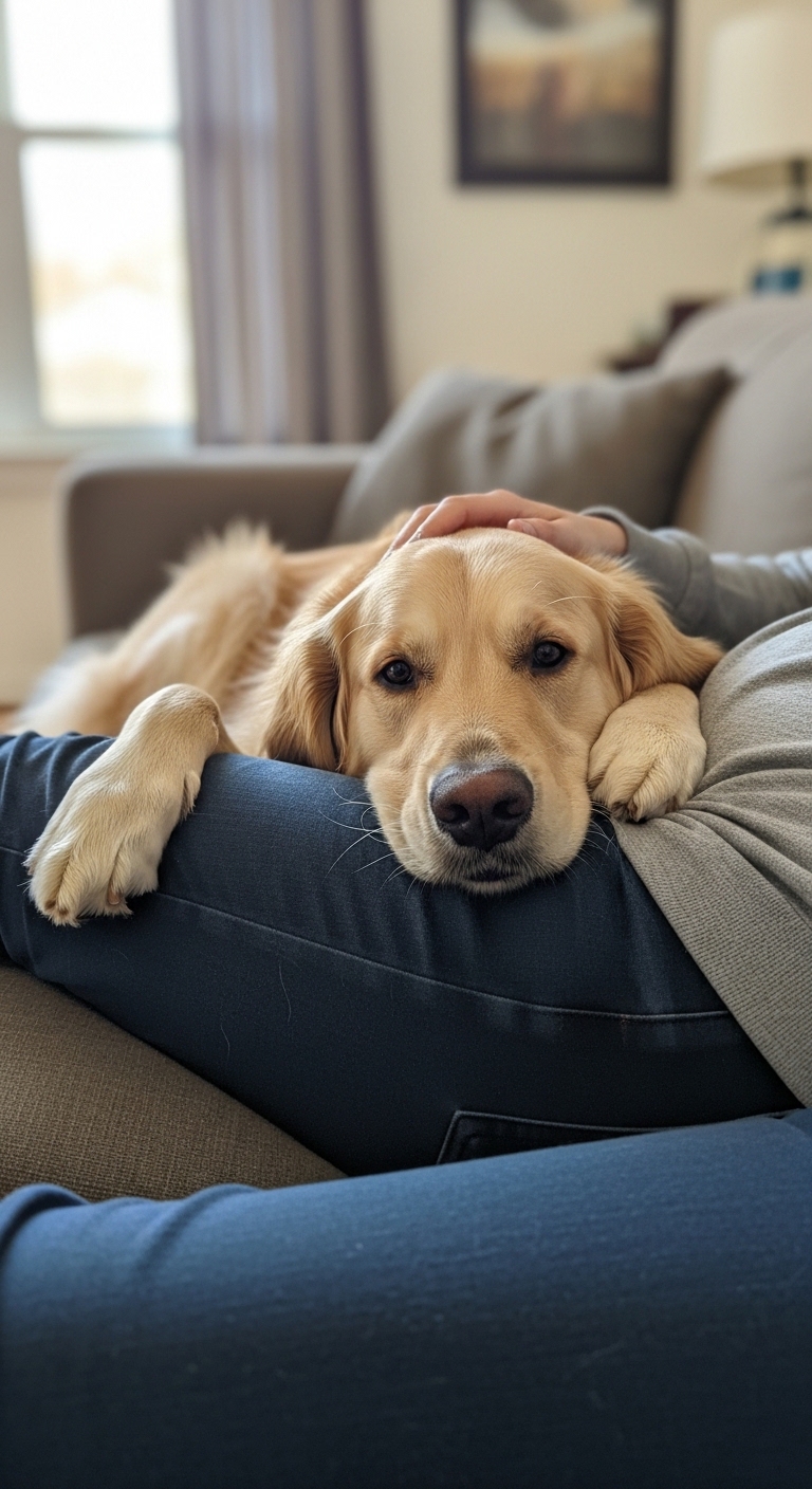 A dog lays on a couch with its head on a person's lap.