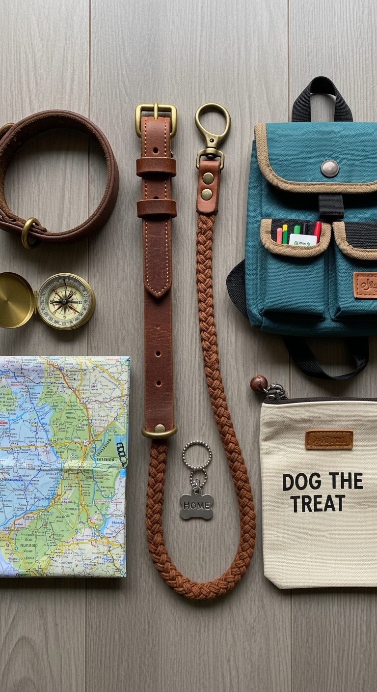 A collection of items for a dogs way home.