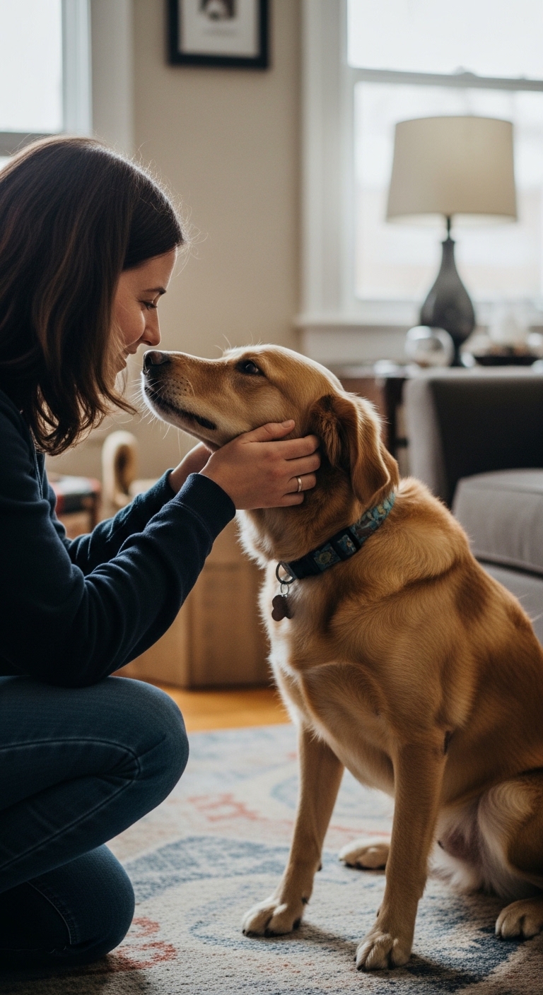 A woman petting a dog.