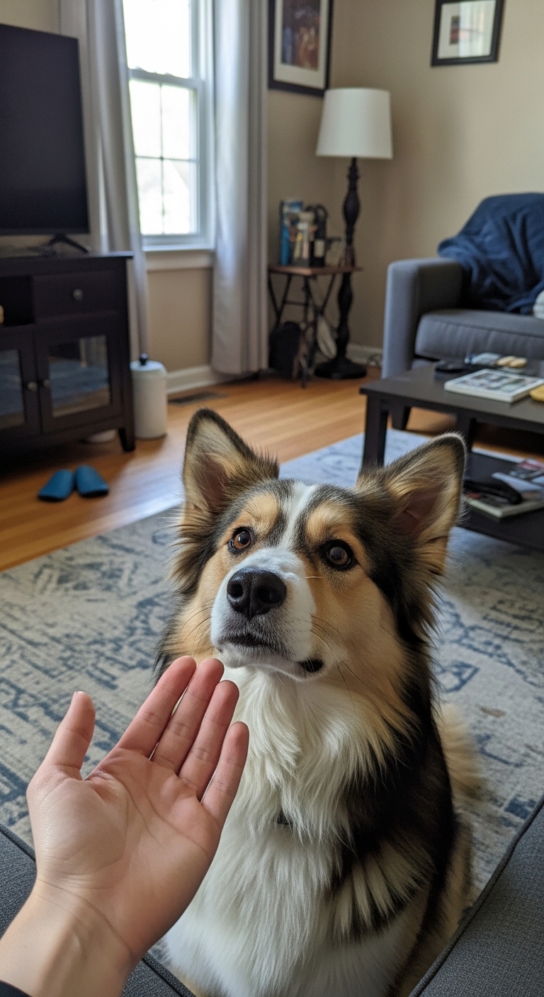 A dog is looking up at a person's hand.
