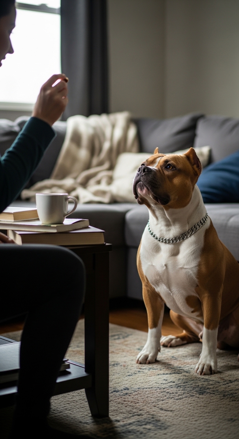 A bully dog sitting on a rug.