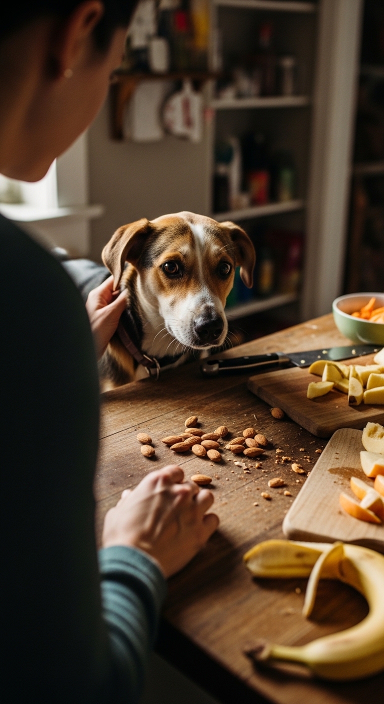 A dog is looking at a person who is holding almonds.