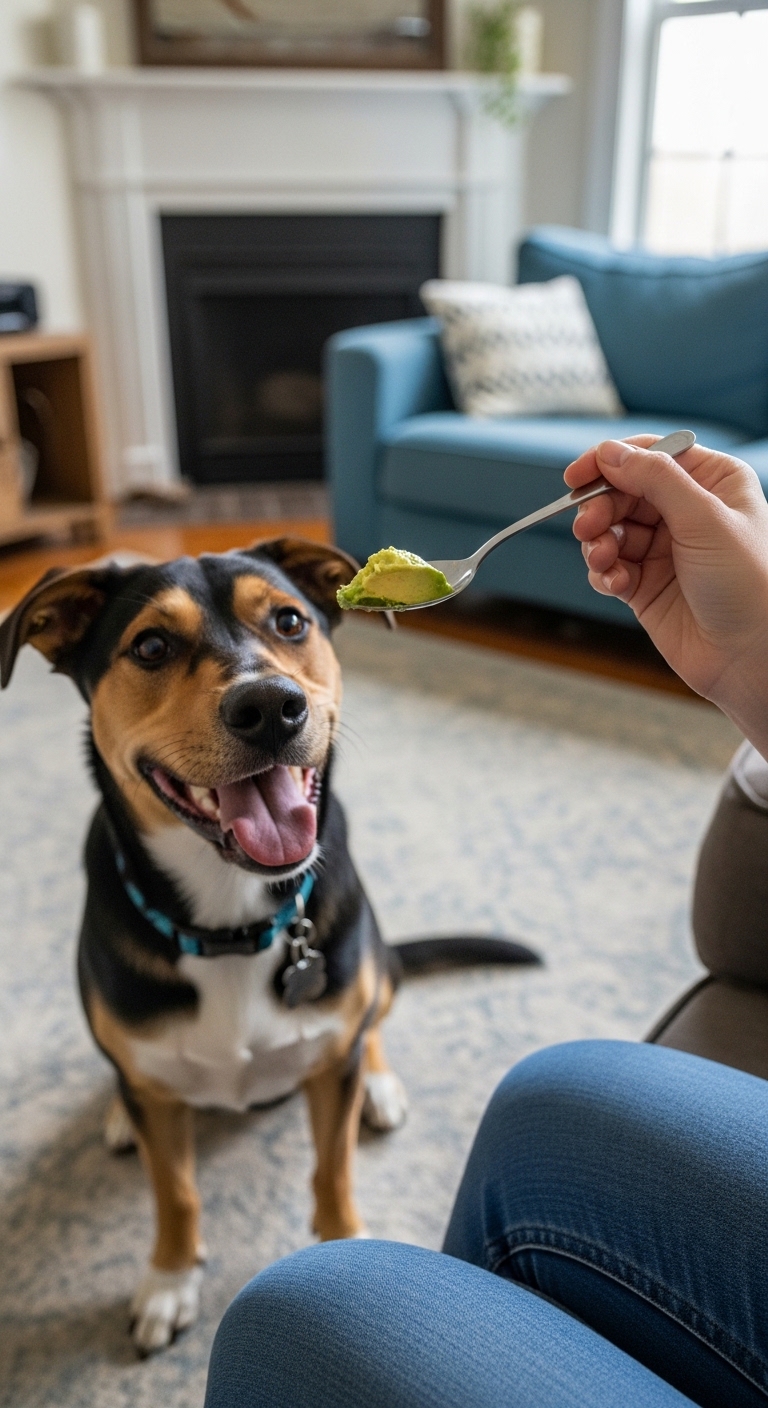 A dog is eating an avocado.