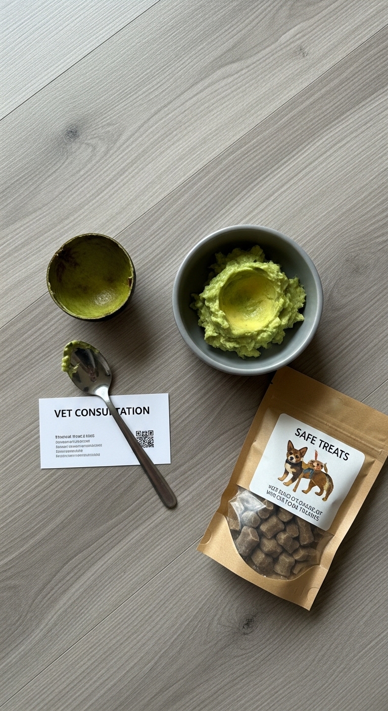 A bowl of avocado sits next to a bag of dog treats.
