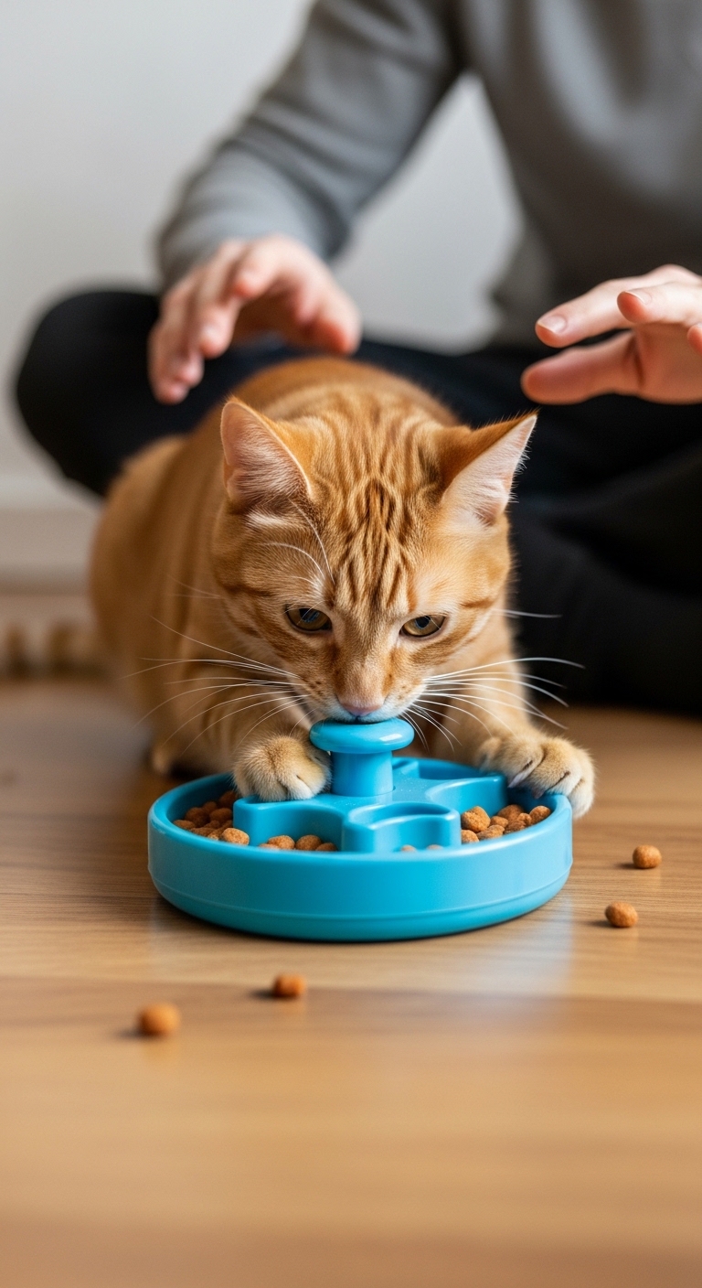 A cat is eating food from a blue bowl.