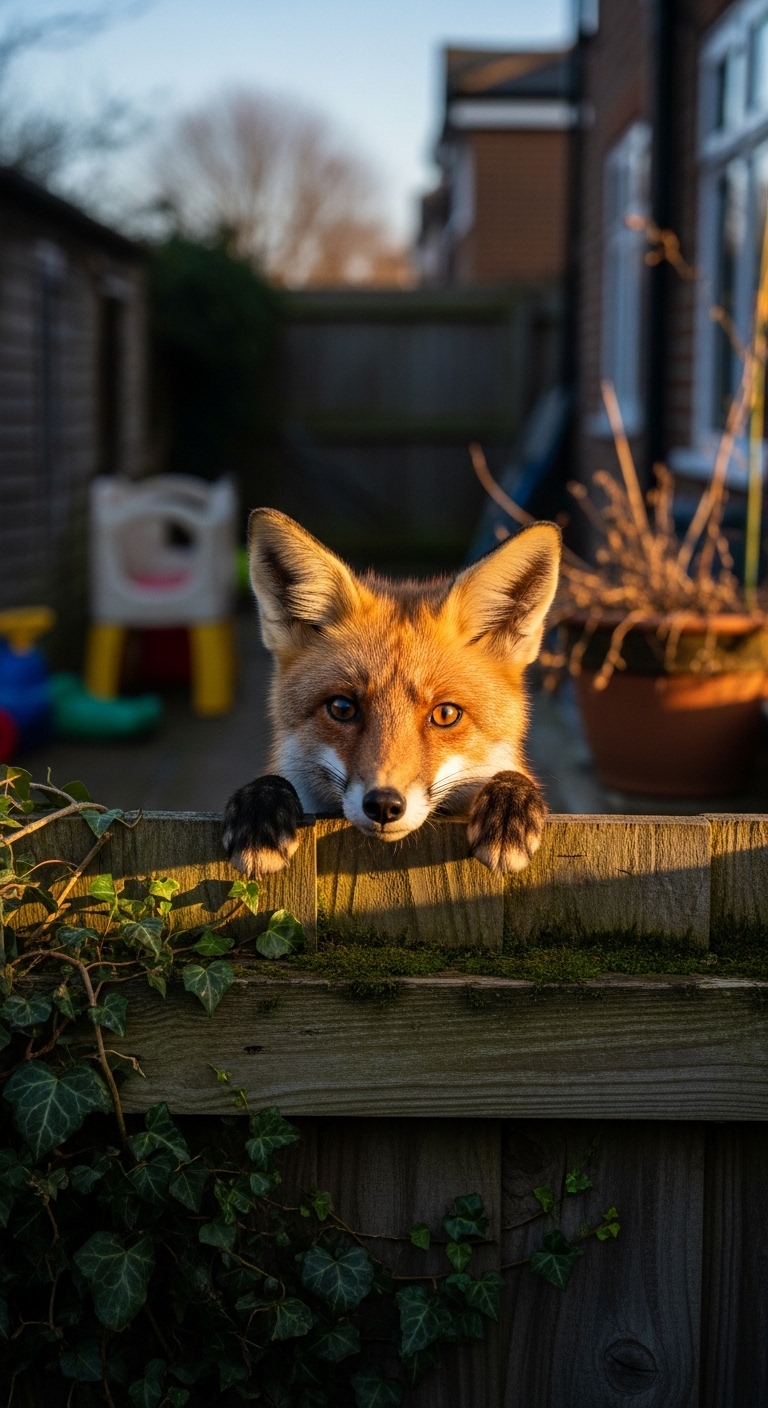 A fox peeking over a fence.