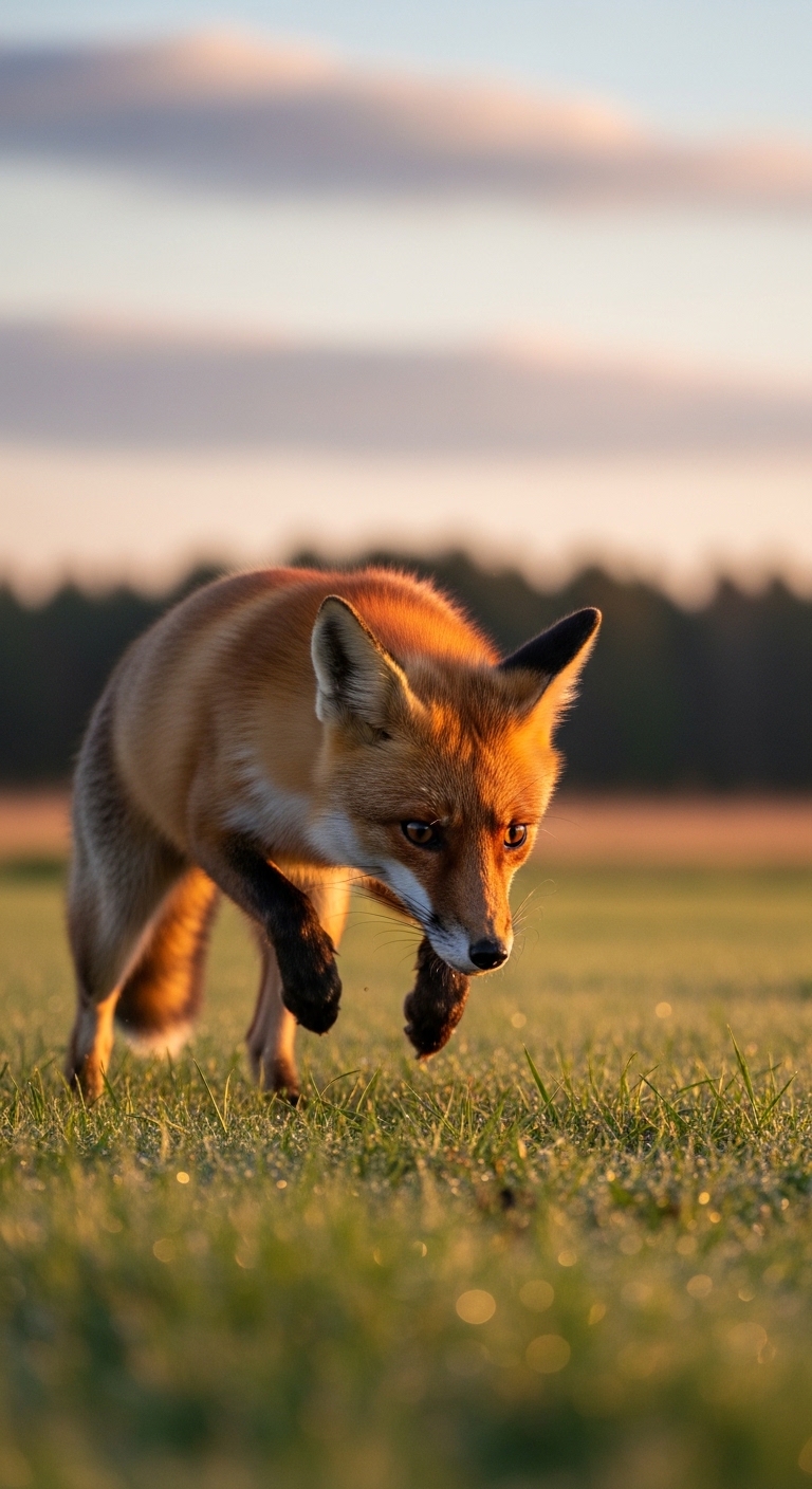 A fox is running through a field.