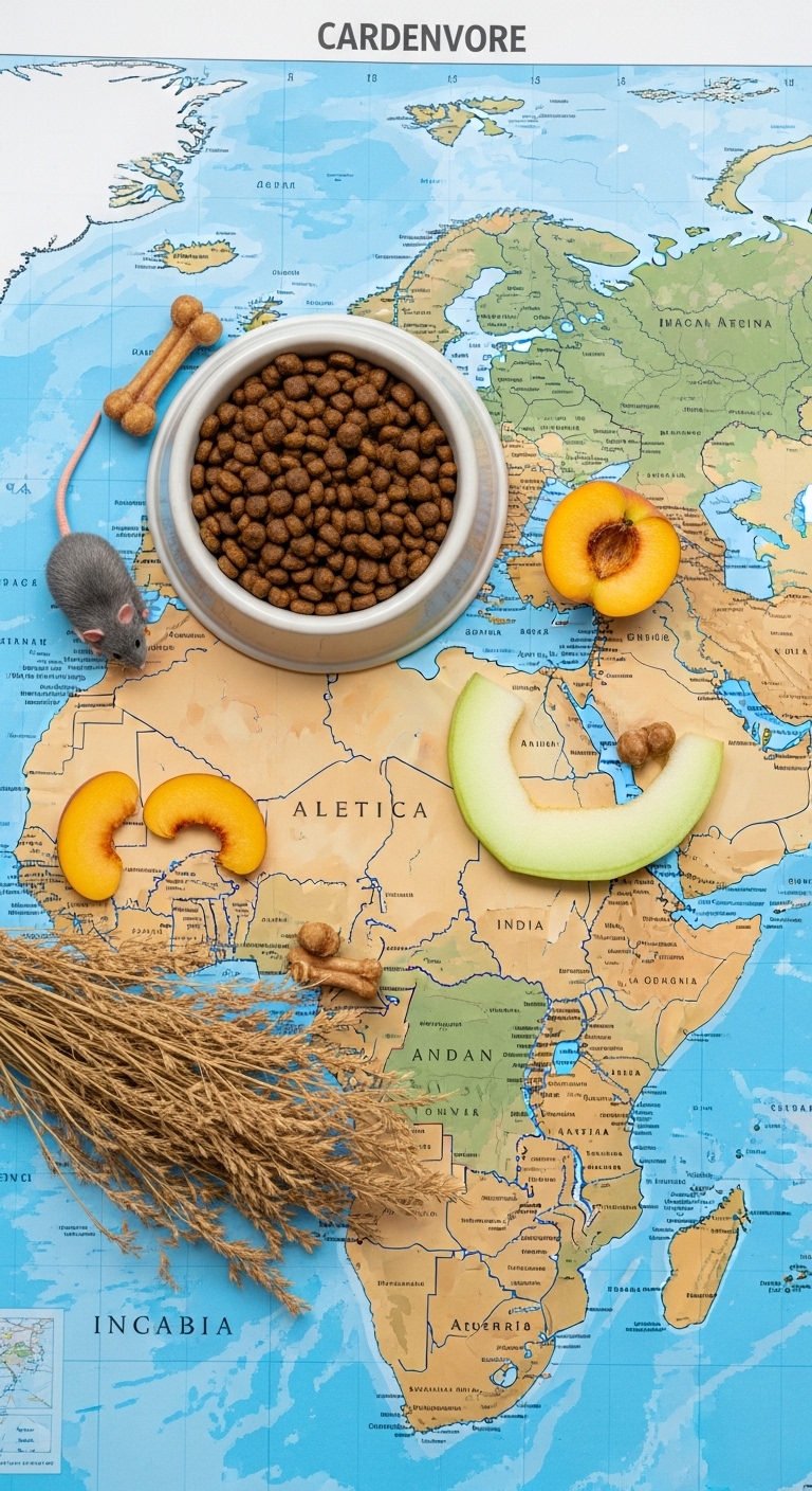 A bowl of dog food sits on a map of Africa.