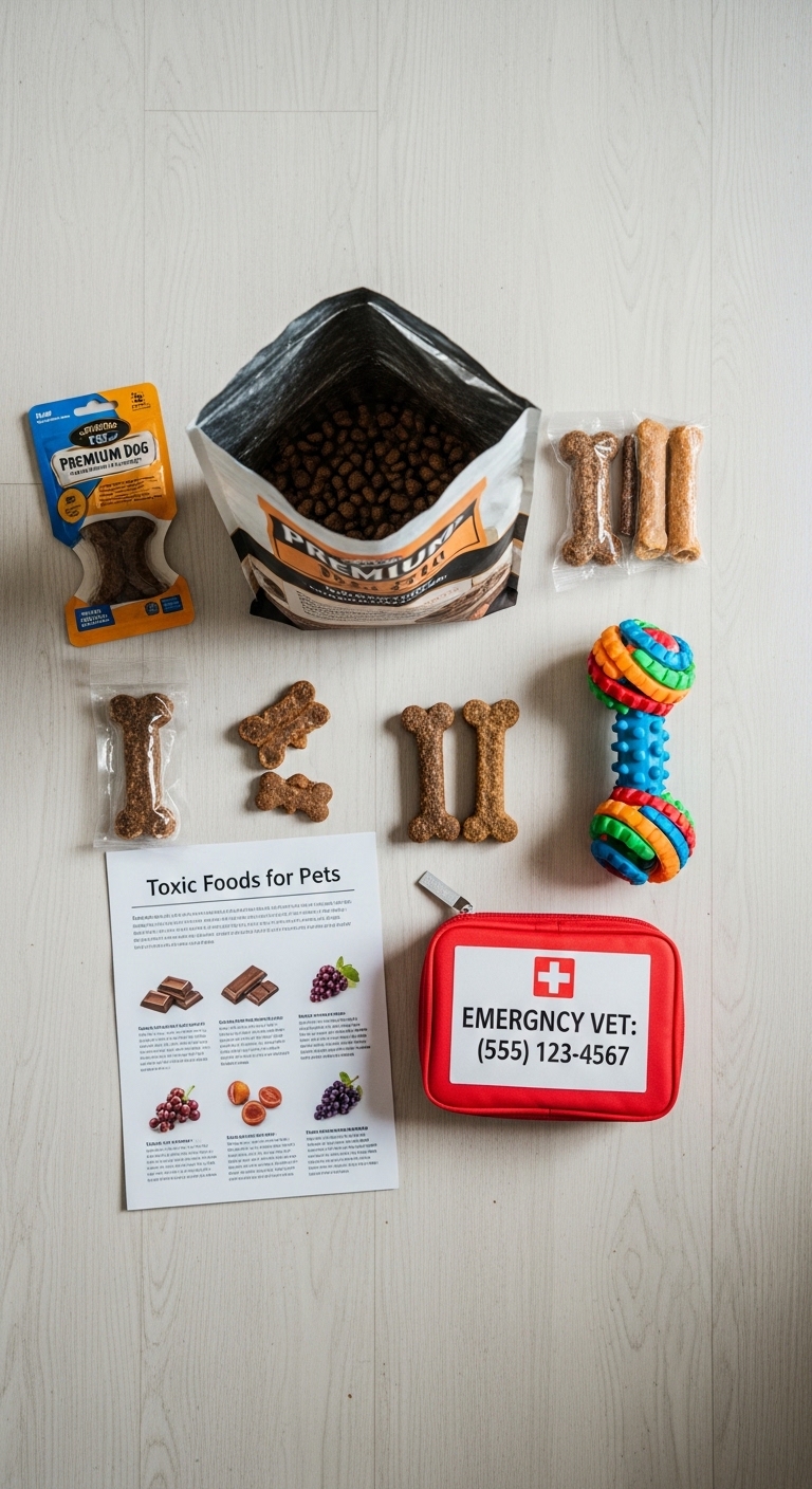 A bag of dog food and a bag of dog treats.