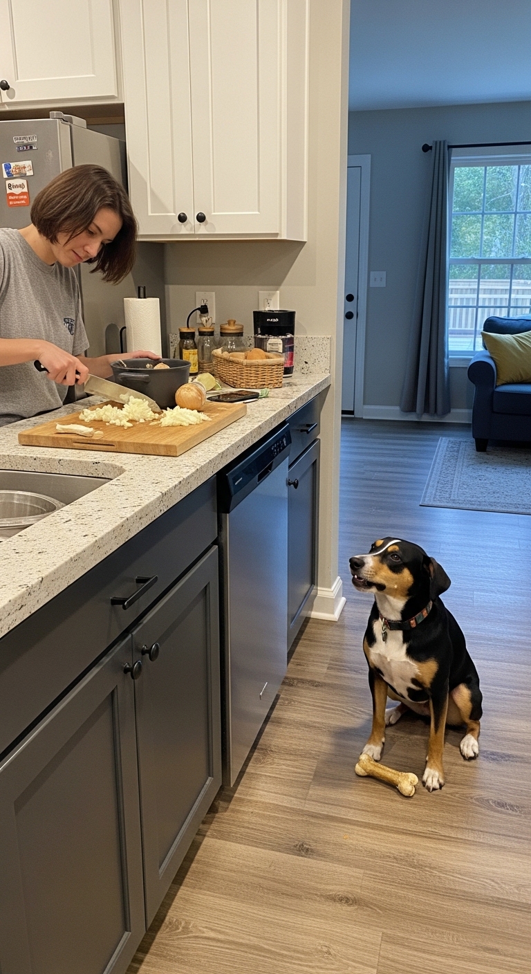 A woman is cutting onions in a kitchen while a dog looks on.
