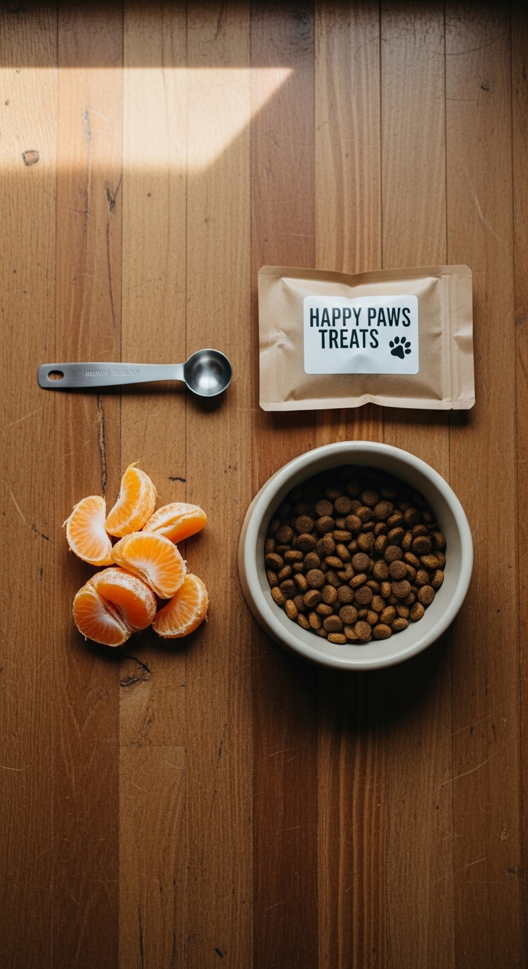 A bowl of dog food sits next to a spoon and a bag of dog treats.