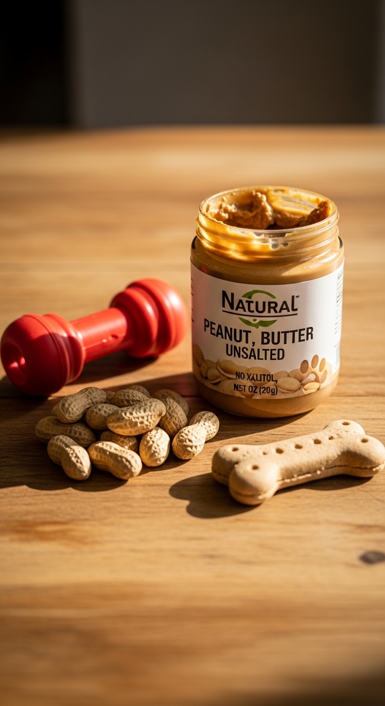 A jar of peanut butter sits on a table next to a dog biscuit.