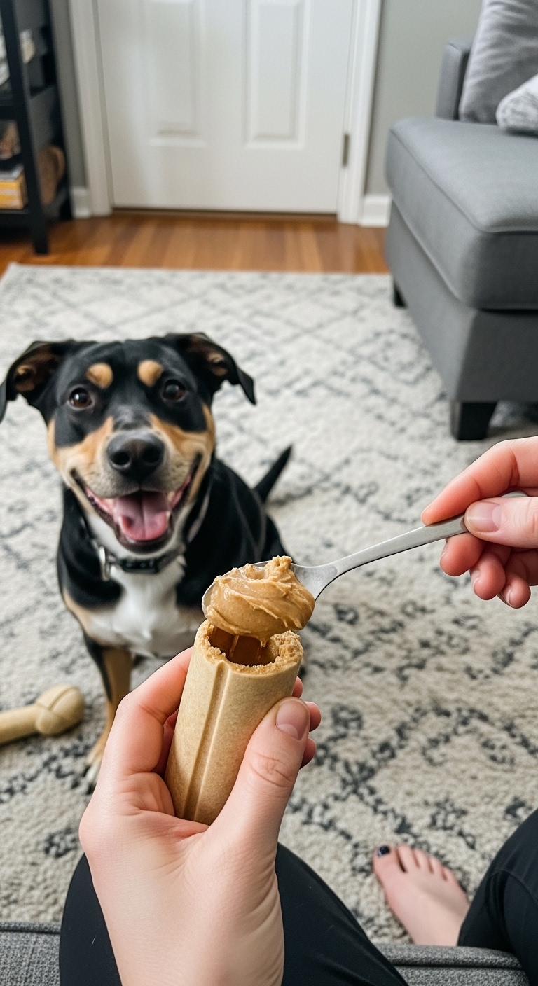 A dog is eating peanut butter off a spoon.