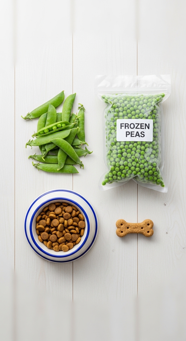 A bowl of dog food is next to a bag of frozen peas.