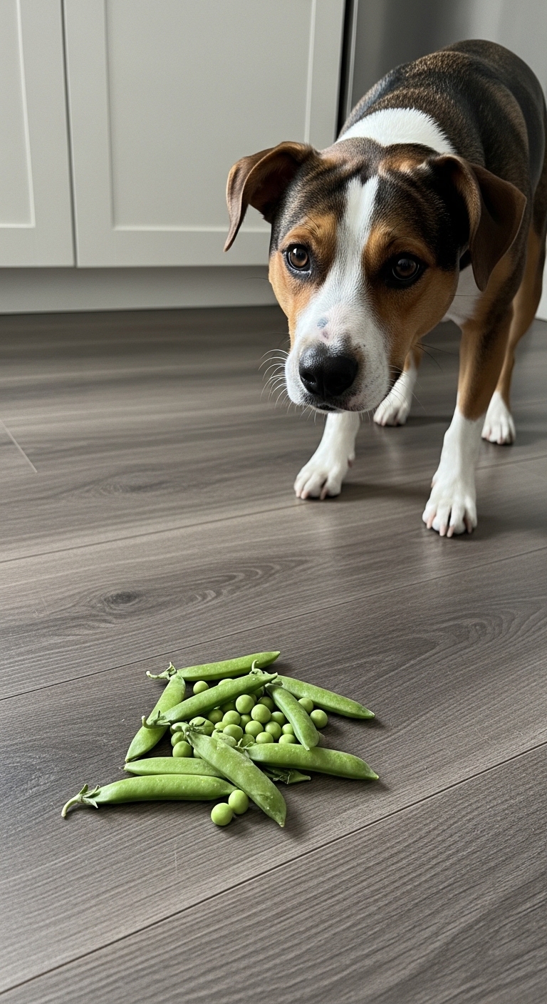 A dog is looking at a pile of green peas on the floor.