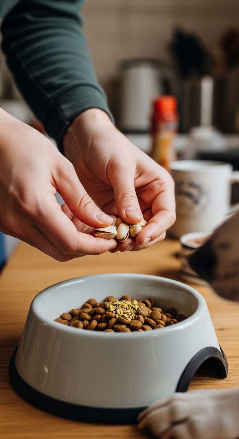 A person is feeding pistachios to a dog.