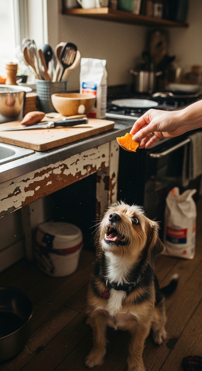 A dog is eating a sweet potato.