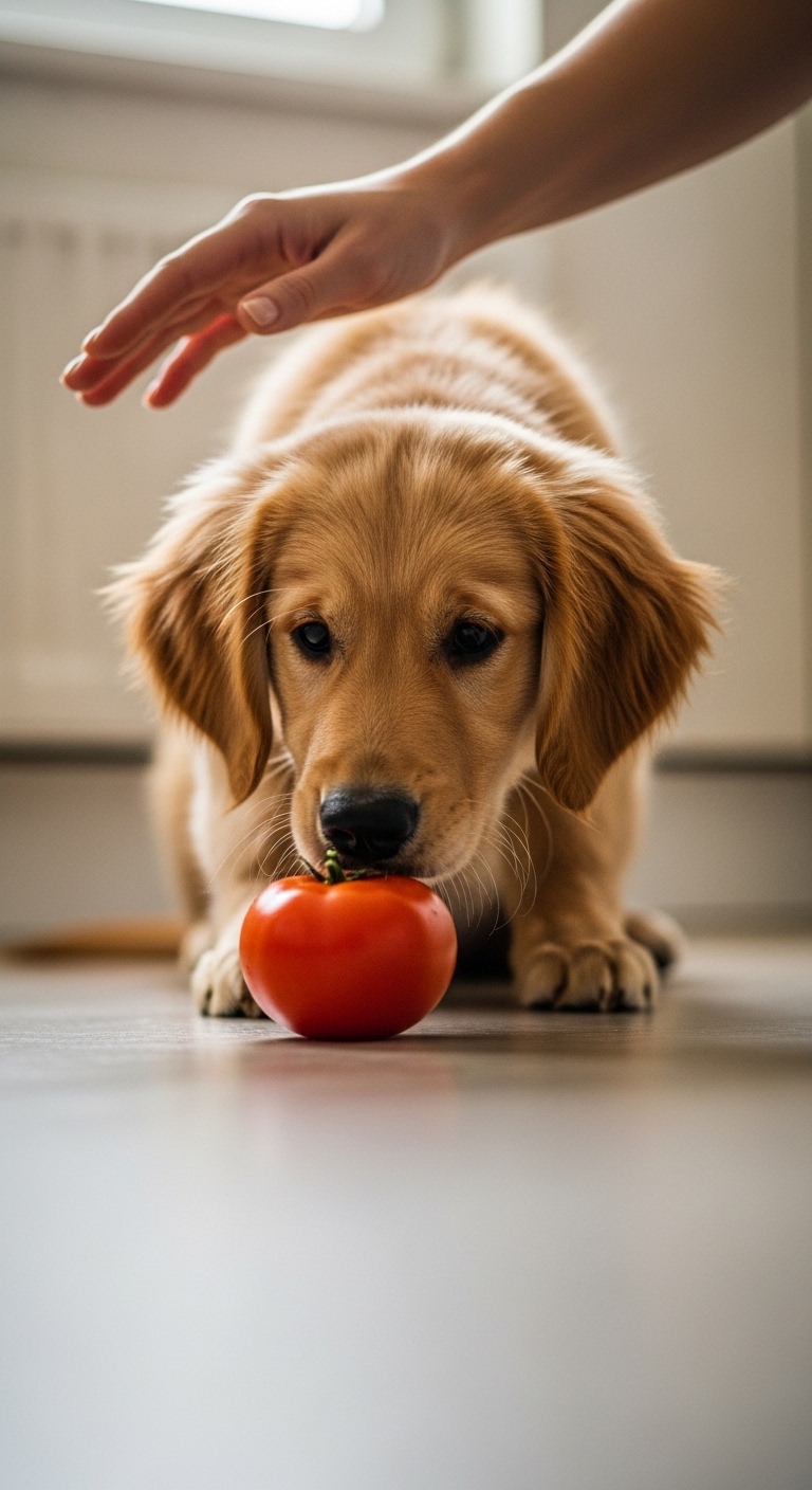 A dog is eating a tomato.