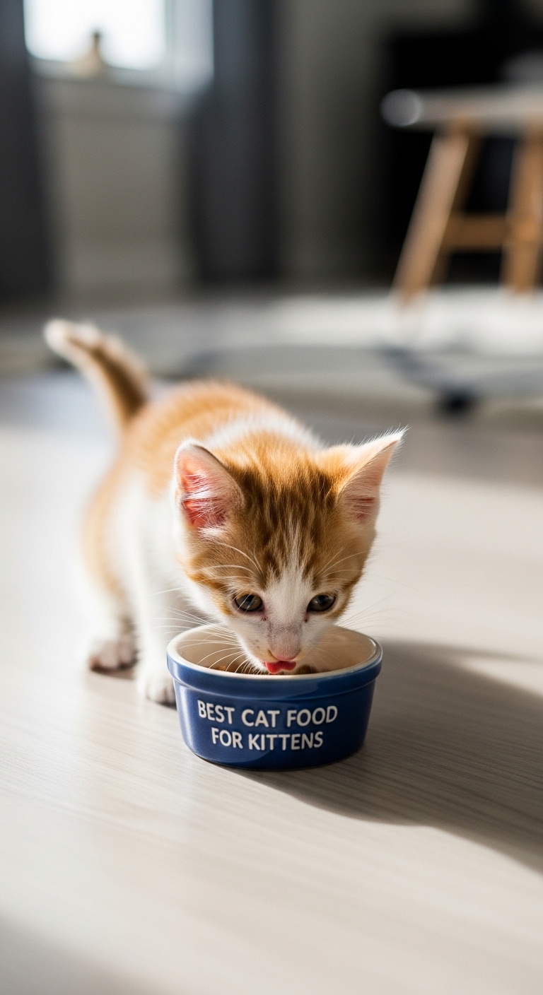 A small orange and white kitten eating from a blue bowl.