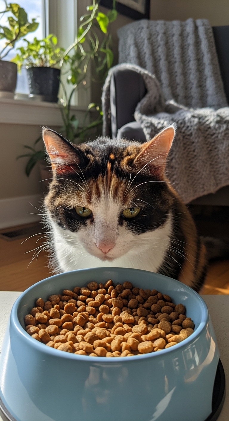 A cat eating food from a bowl.