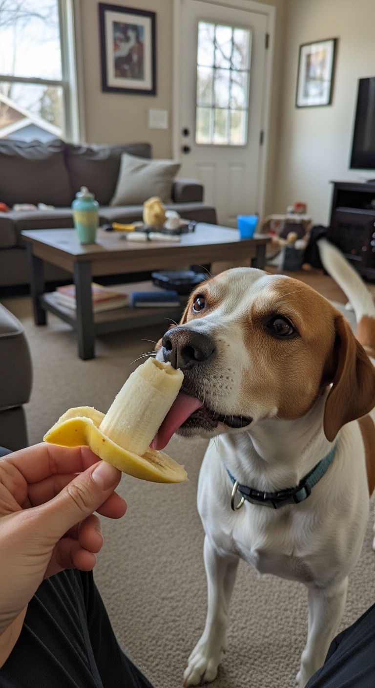 A dog eating a banana.