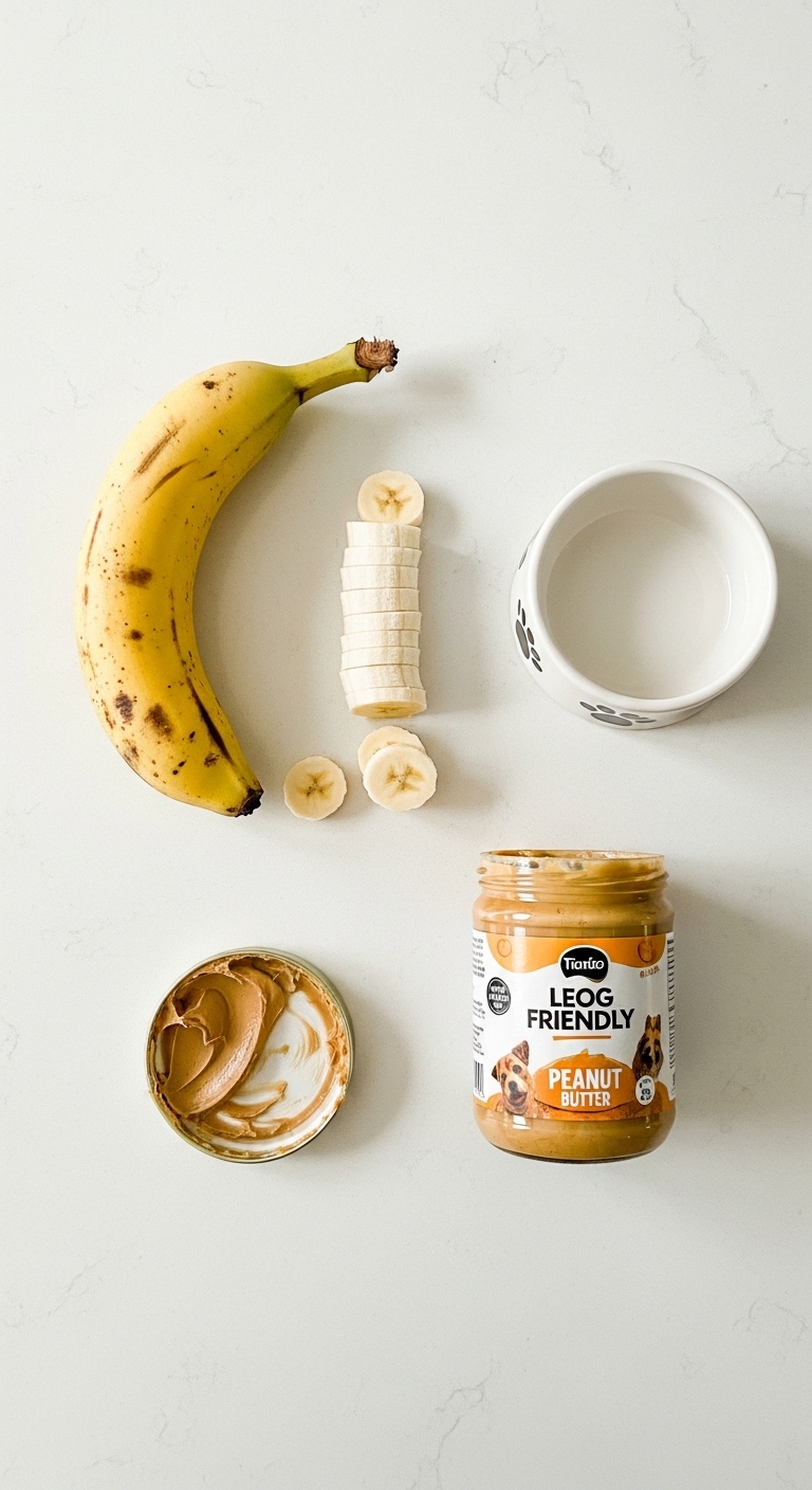 A banana, a cup of peanut butter, and a jar of peanut butter are on a table.