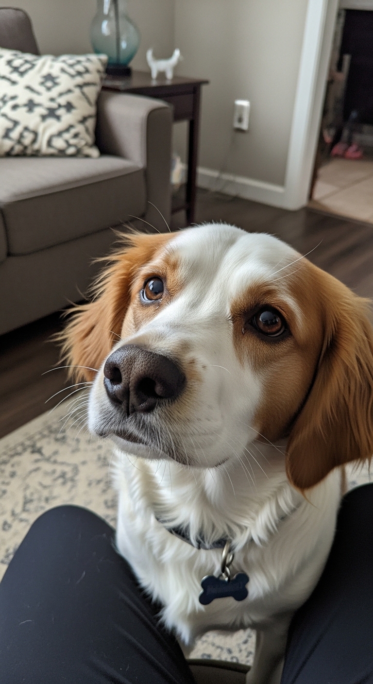 A dog with a sad look on its face.