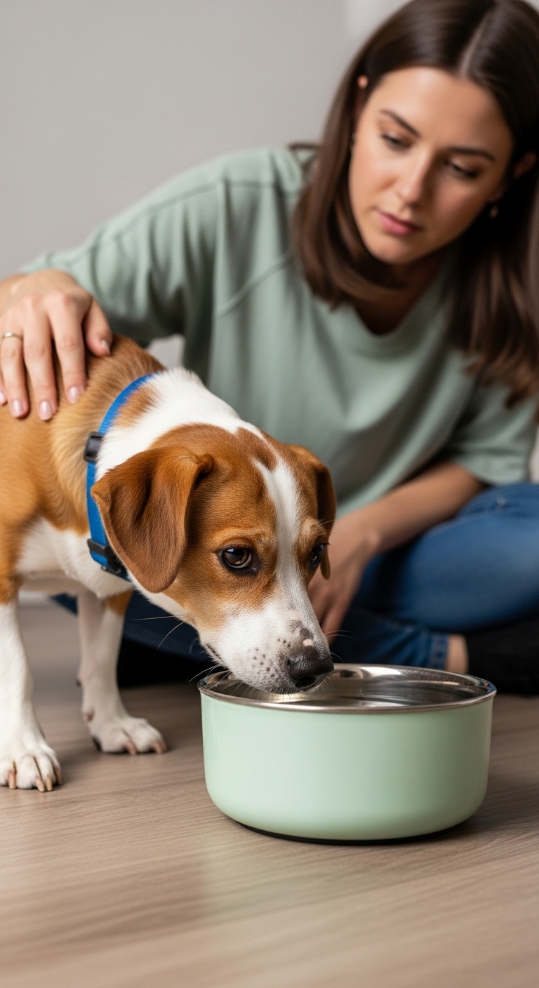 A dog drinking water from a bowl.