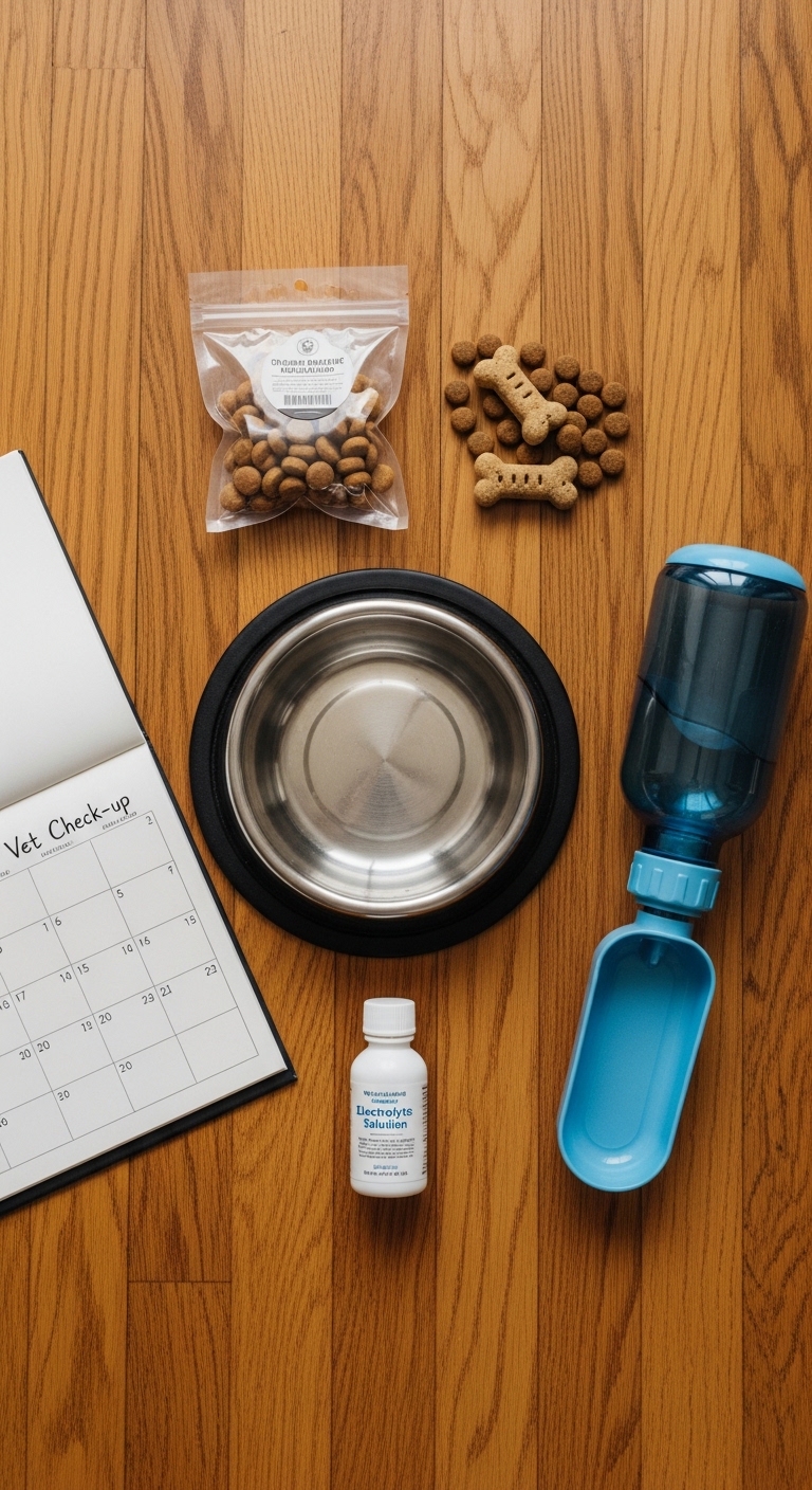 A calendar, water bottle, and dog food are on a table.