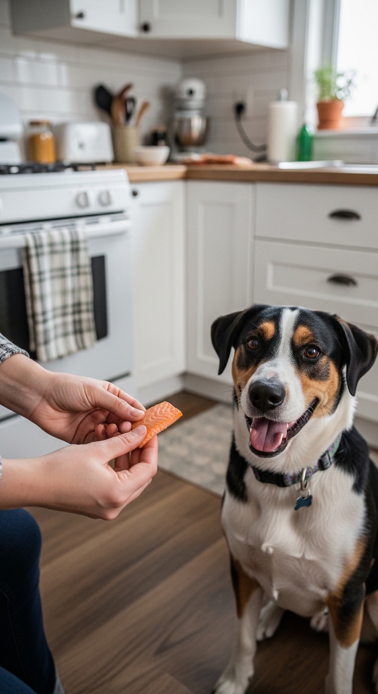 A person is feeding a dog a piece of fish.