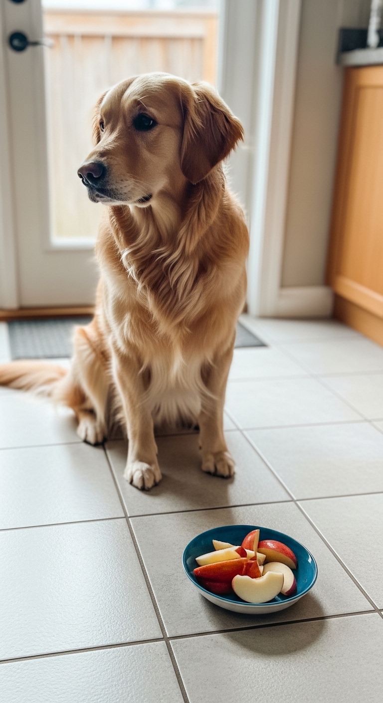 A dog is sitting on the floor next to a plate of food.