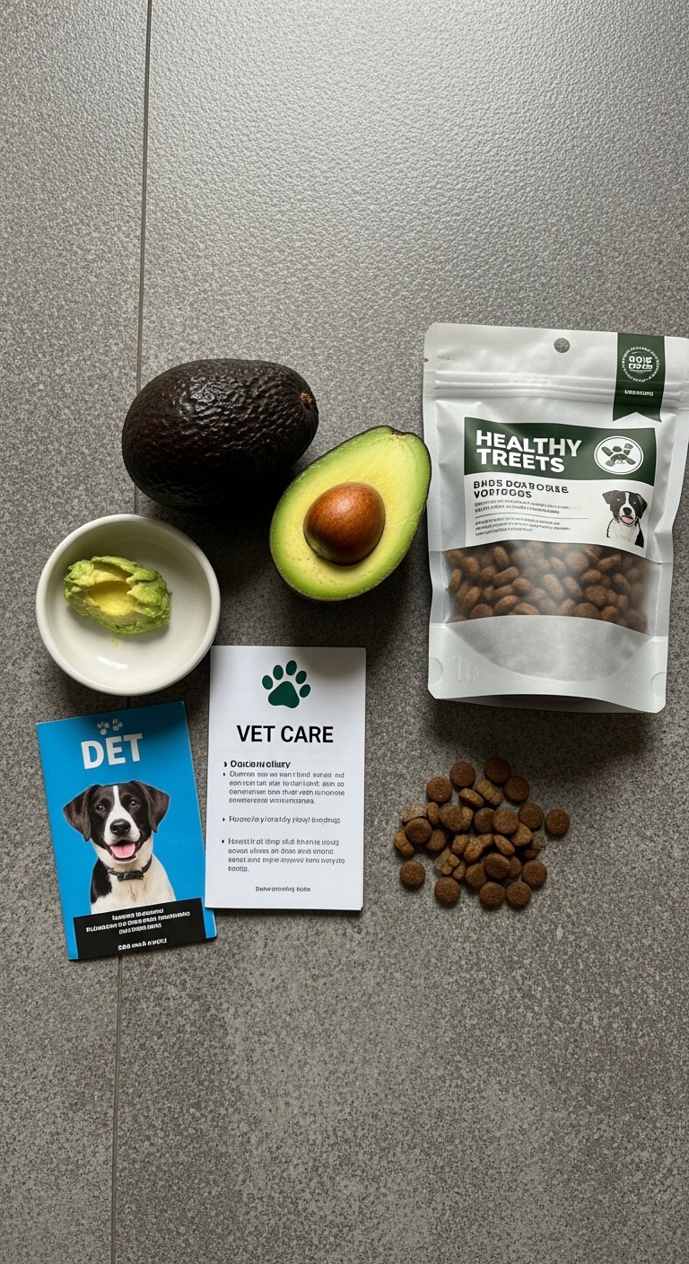 A bag of dog food sits next to a bag of avocado.