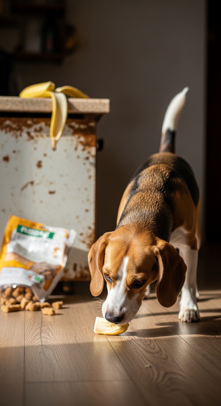 A dog is sniffing a banana.
