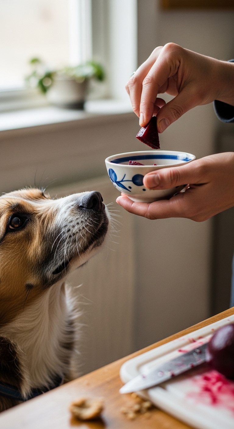 A dog is eating beets from a bowl.