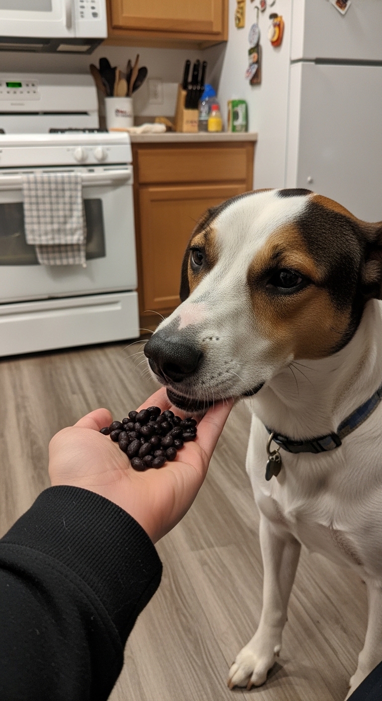 A dog eating black beans from a person's hand.