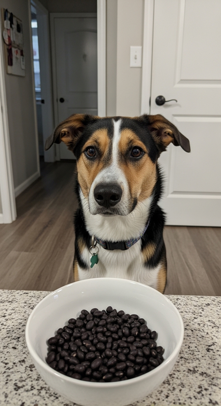 A dog is sitting in front of a plate of black beans.