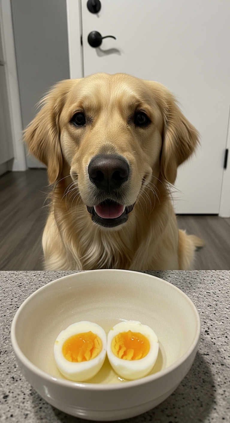 A dog is sitting in front of a bowl of boiled eggs.