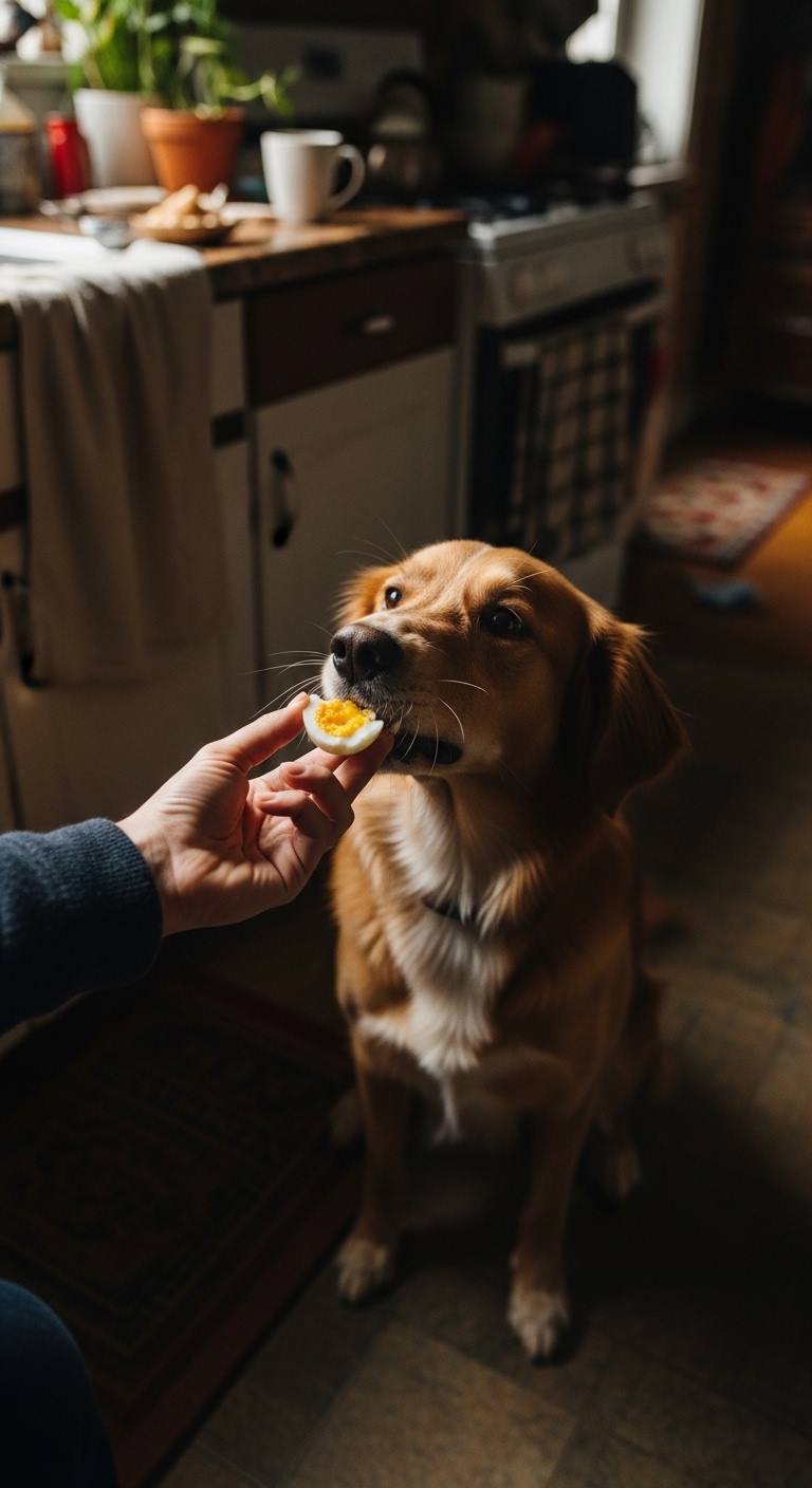 A person is feeding a dog a boiled egg.