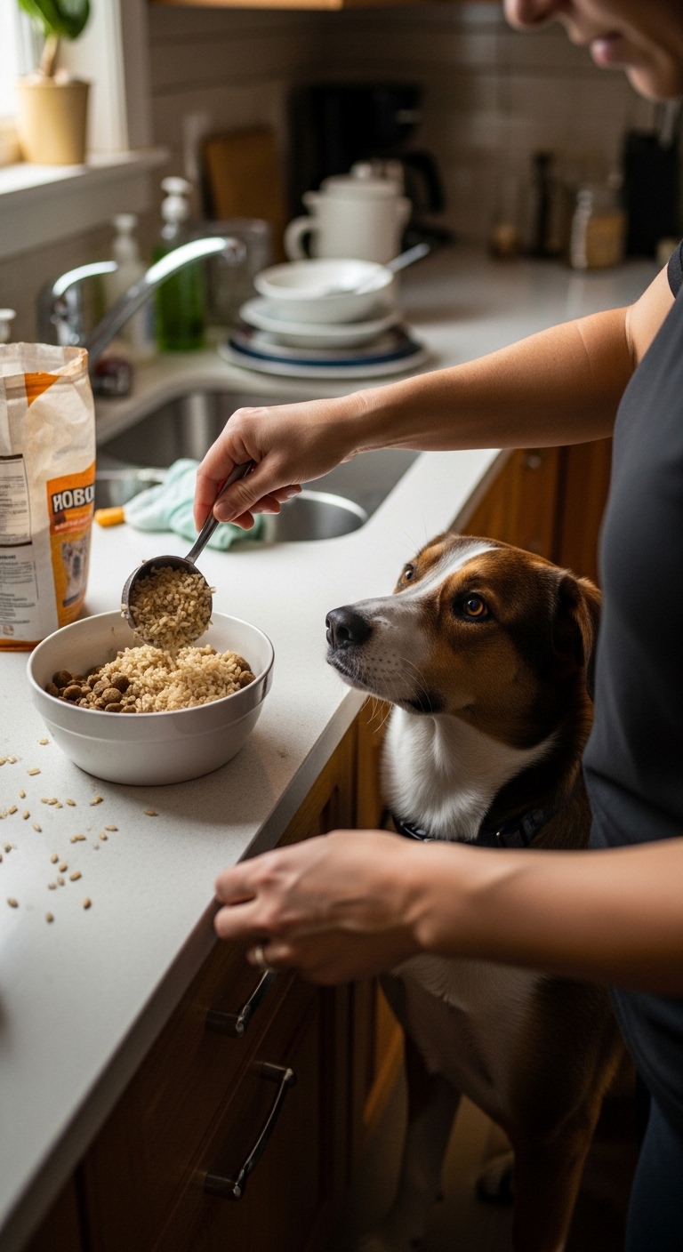 A dog is eating brown rice from a bowl.