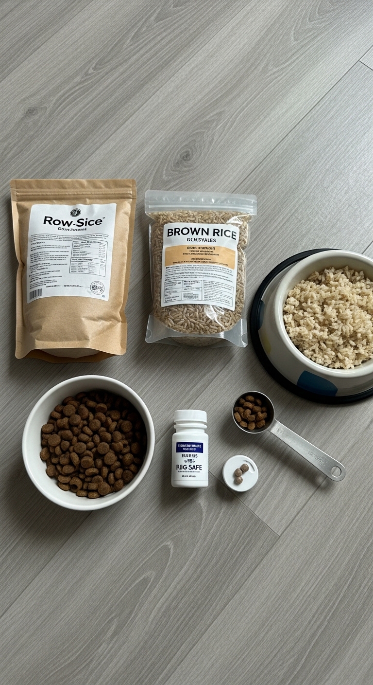 A bowl of dog food with a spoon and a bag of brown rice.