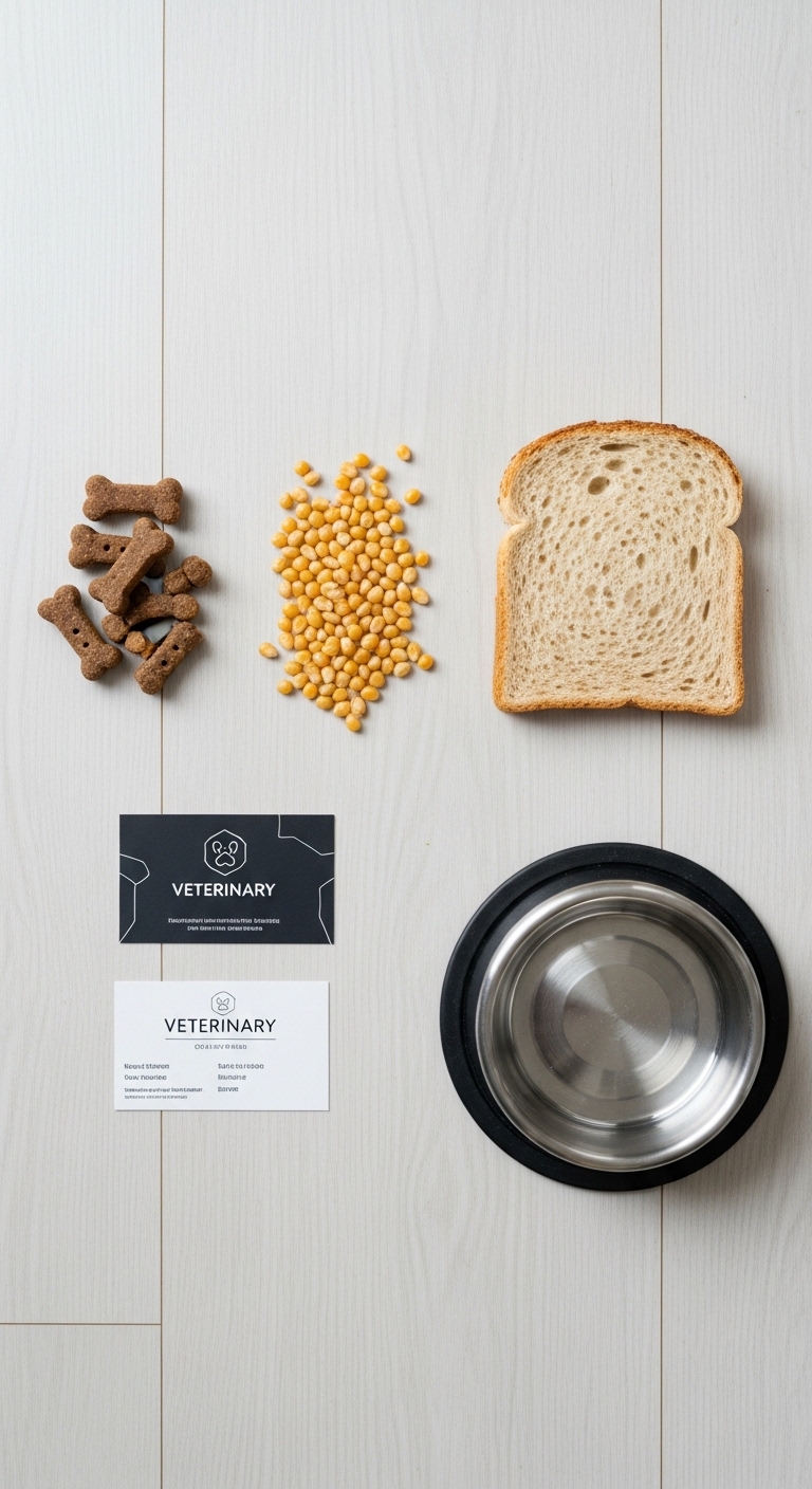 A bowl of dog food sits next to a piece of bread.