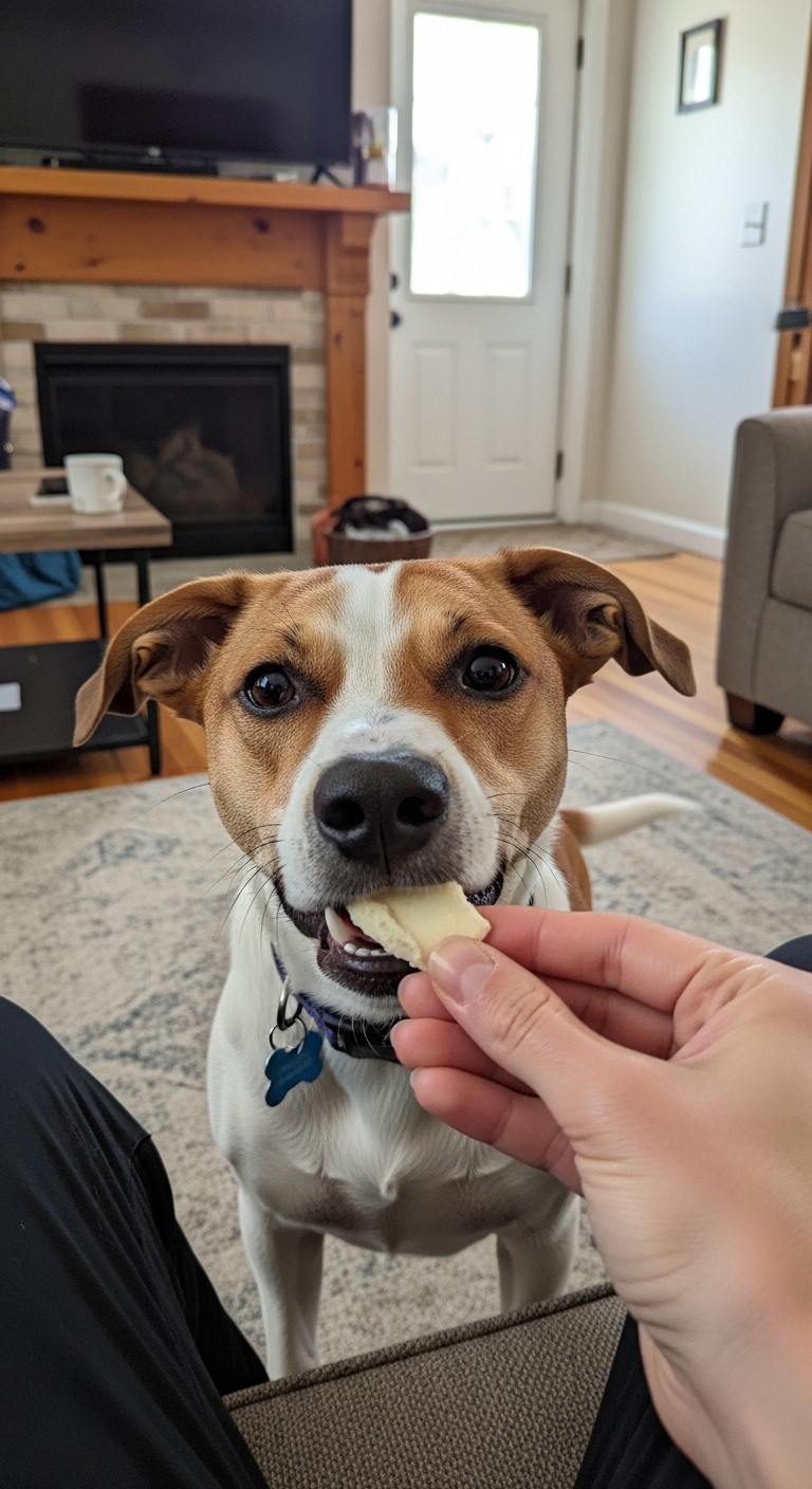 A dog is eating a piece of butter.