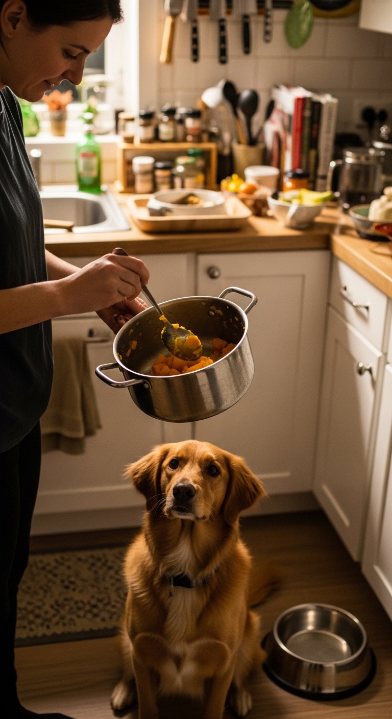 A dog is looking up at a person holding a pot of food.