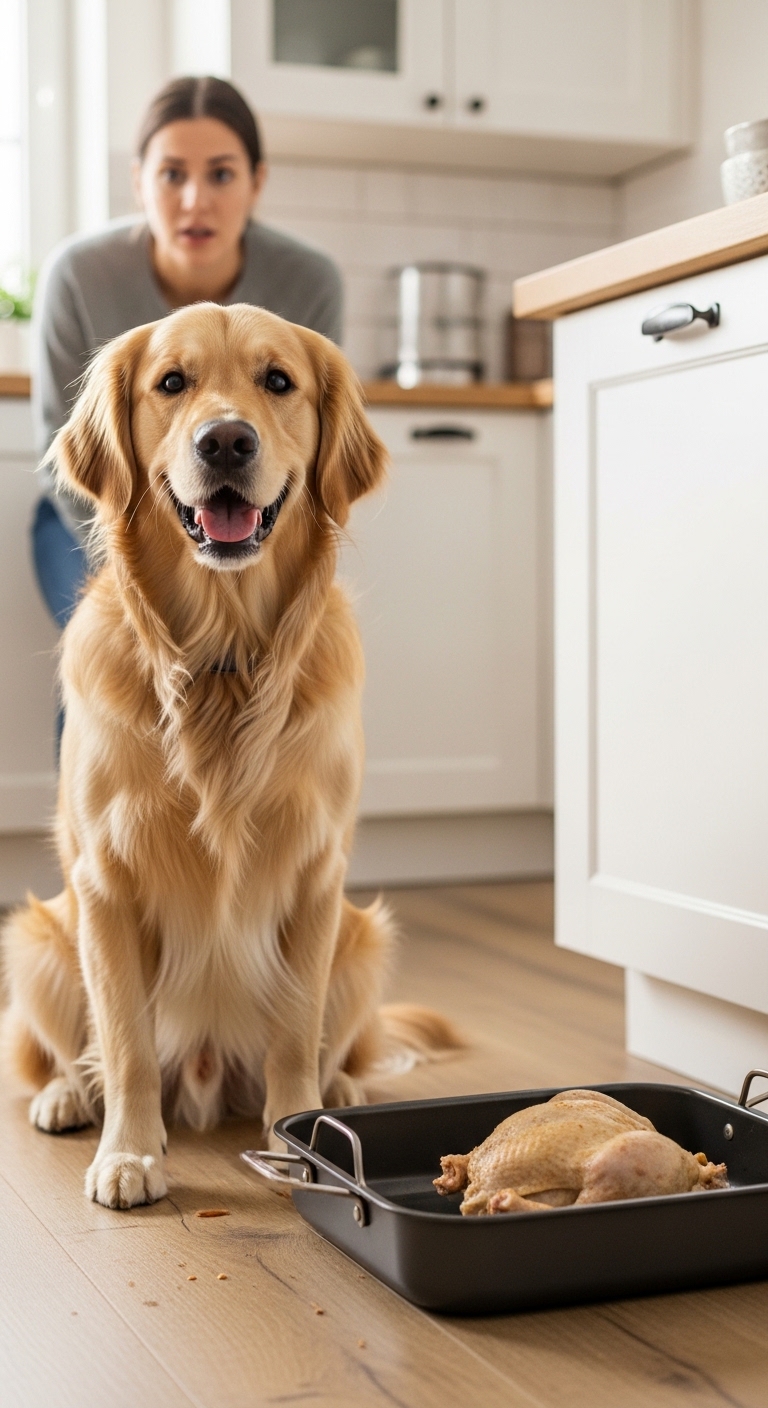 A dog is sitting on the floor in front of a cabinet.