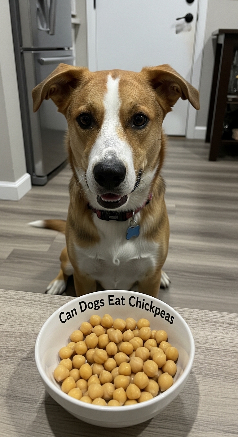 A dog is sitting in front of a bowl of chickpeas.