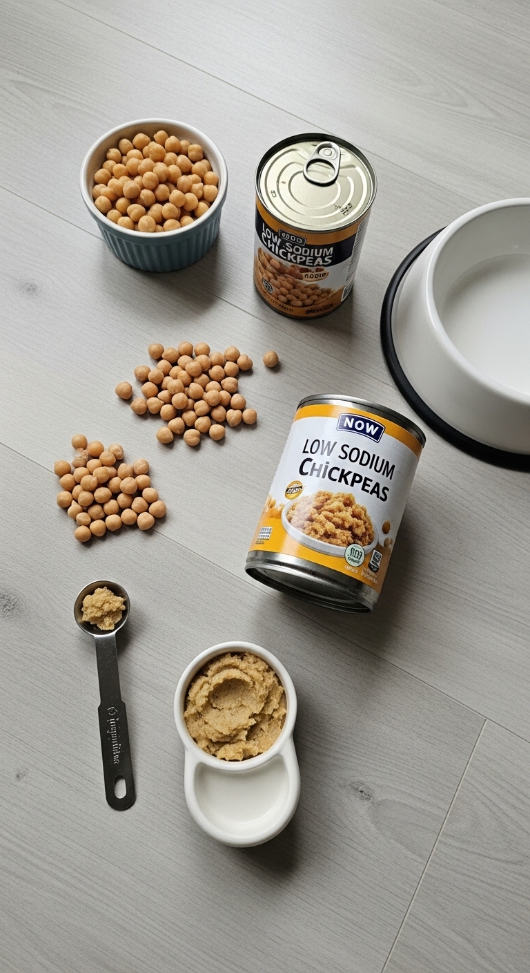 A can of chickpeas sits on a table.