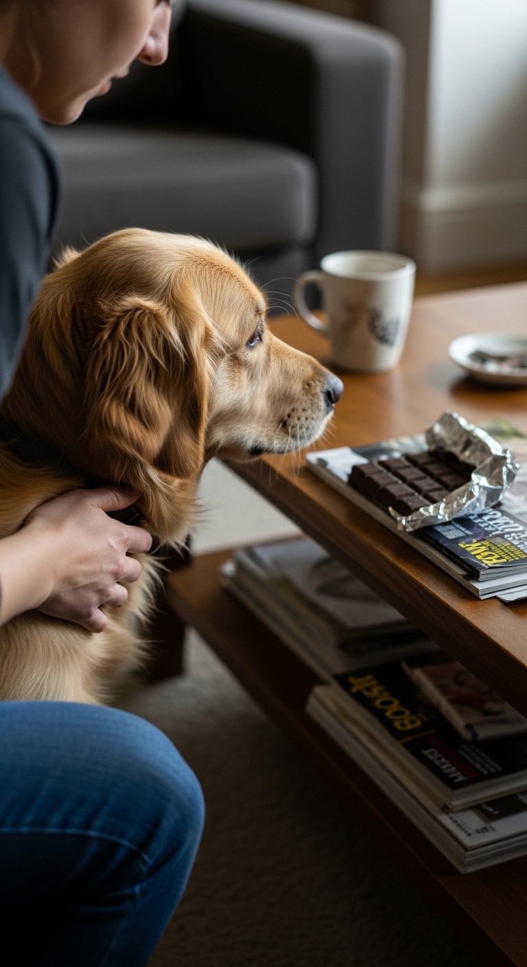 A dog is looking at a plate of chocolate.